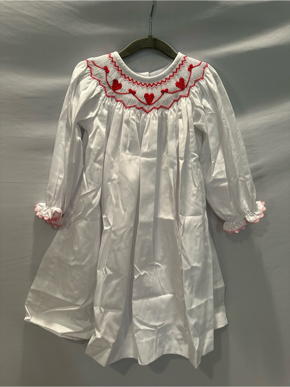 White Girls' Heart Smocked Dress with Red Trim
